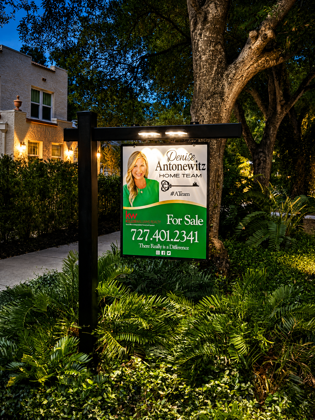 Illuminated Keller Williams sign post installed at night by LxPosts in Pinellas County, Florida