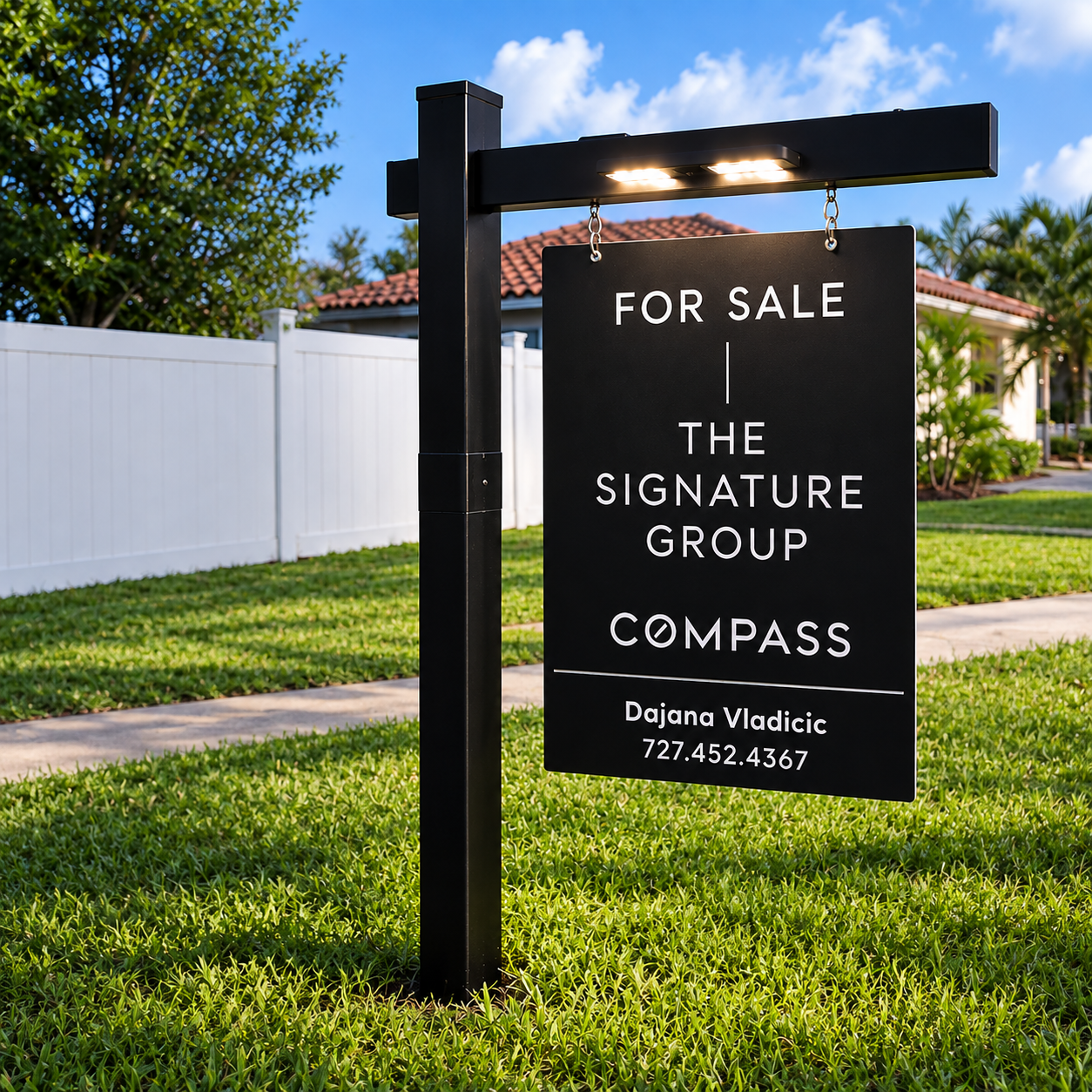 Black illuminated LxPosts sign post installed at a listing