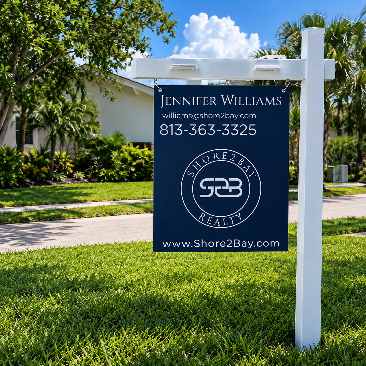 White illuminated LxPosts sign post installed at a listing