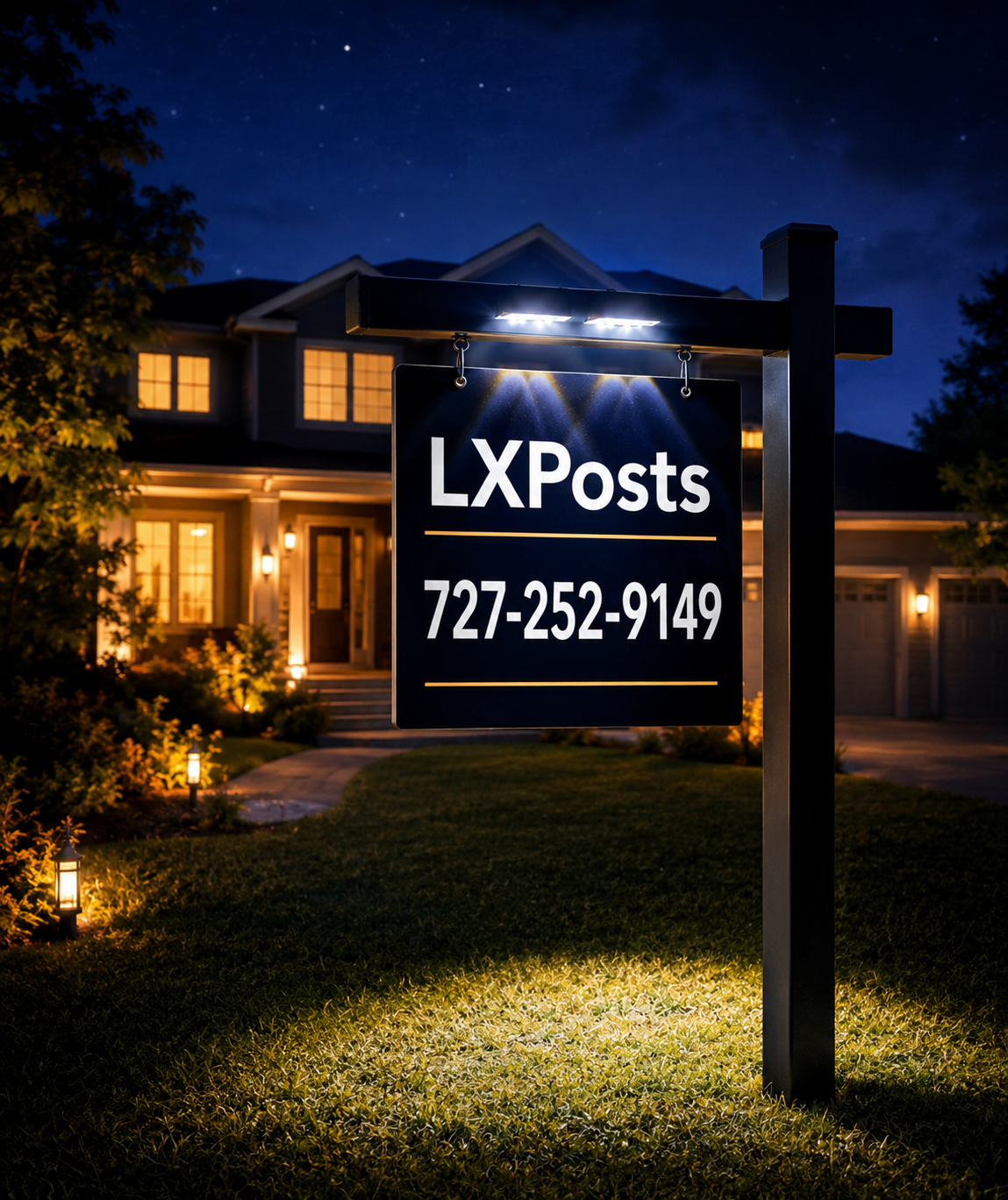 Black LxPosts illuminated realtor sign post at night